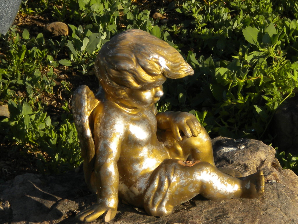 Golden cherub with Ace Ventura hair style