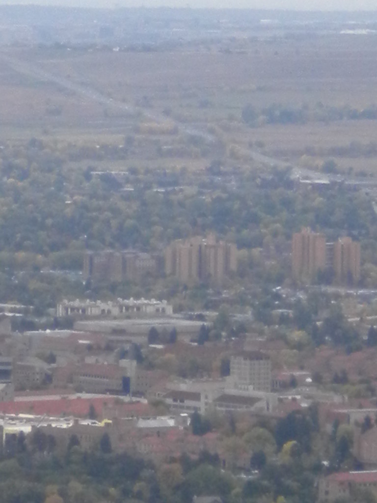 Williams Village towers (C.U. dorms), and highway 36  leading off to Denver